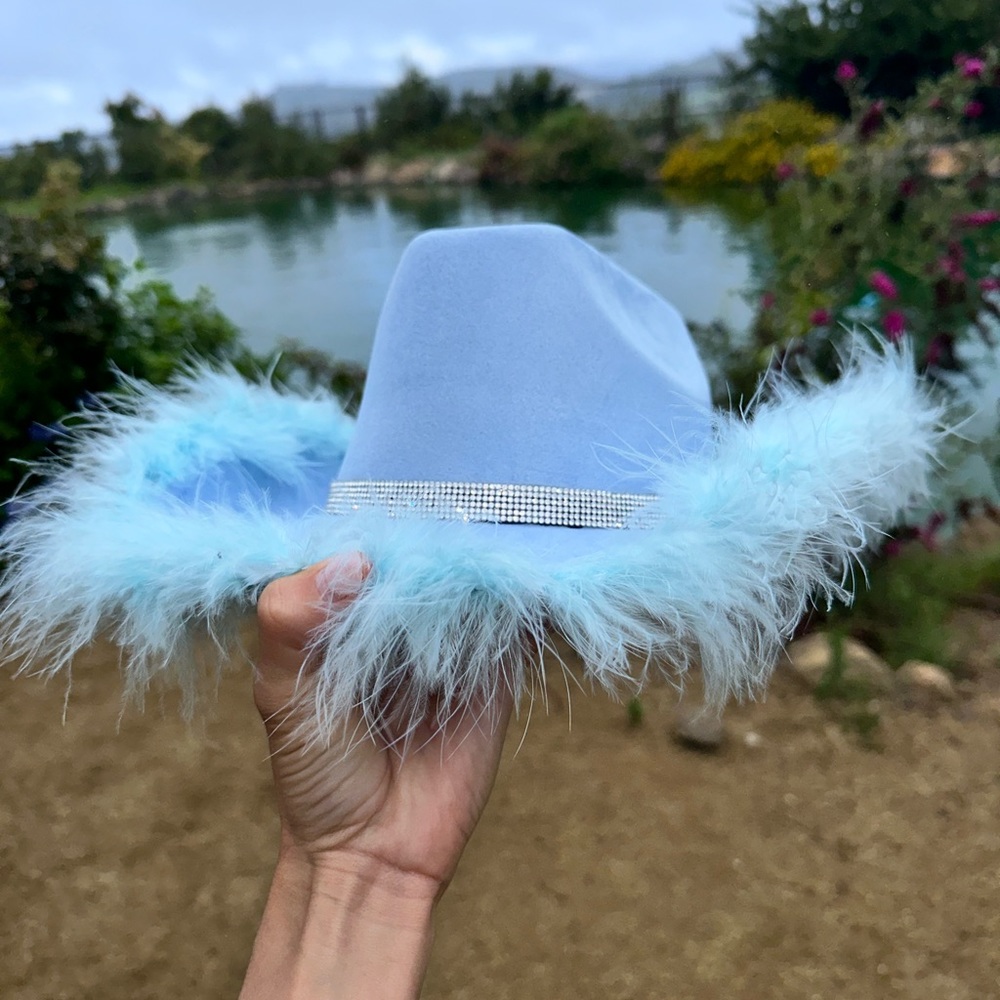 Baby blue rhinestone feather hat